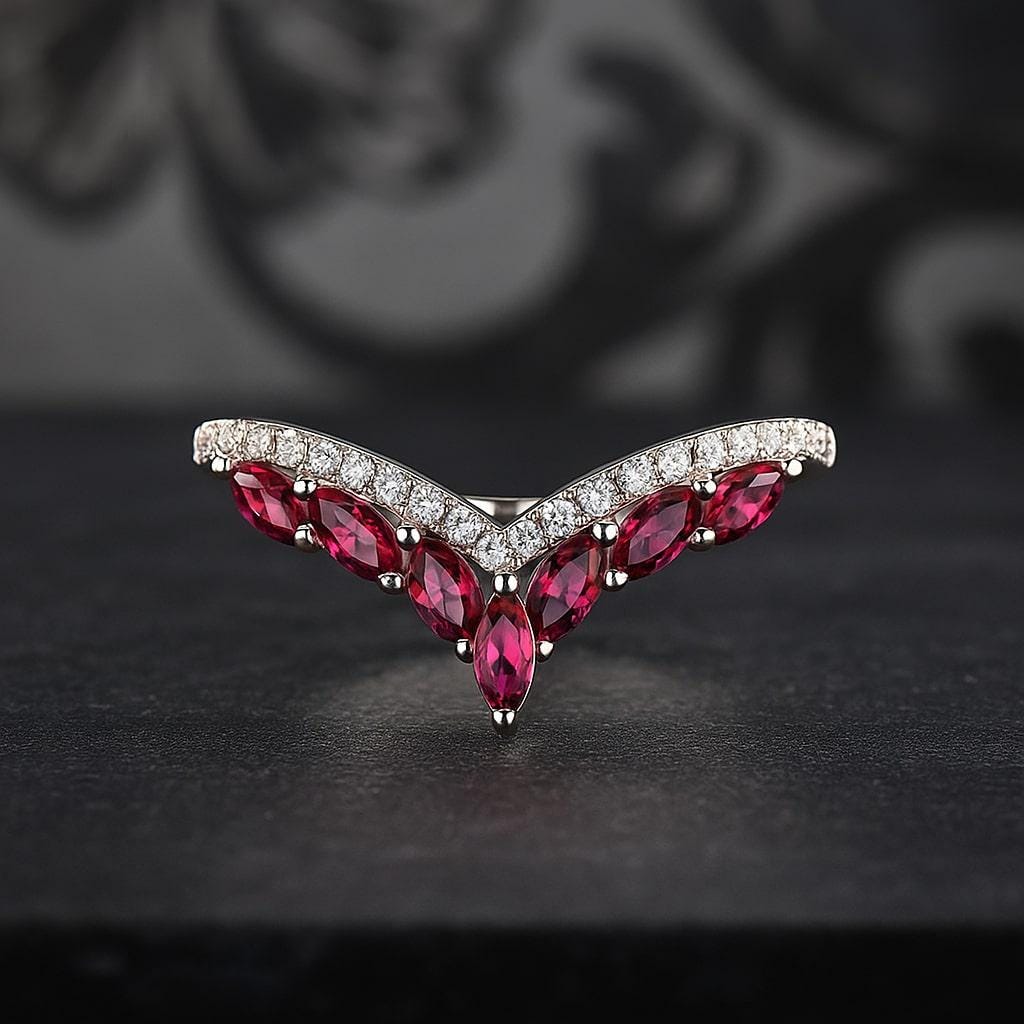 14k Solid Gold Ruby Ring Dainty Stacking Ring Marquise Cut Ruby Band ...