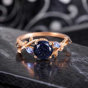 Blue Sandstone Engagement Ring, Rose Gold Nature Inspired Ring, Celestial Promise Ring, Fantasy Jewelry Gift for Her