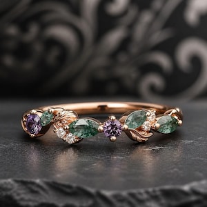 Leaf Branch Moss agate Wedding band 18K Rose Gold Marquise Alexandrite Moissanite marriage ring Dainty ring Promise Anniversary wedding band