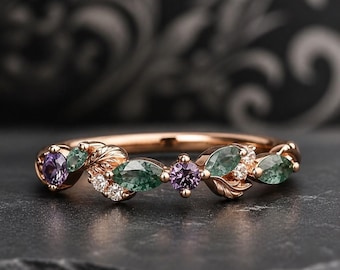 Leaf Branch Moss agate Wedding band 18K Rose Gold Marquise Alexandrite Moissanite marriage ring Dainty ring Promise Anniversary wedding band