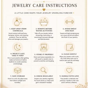 May include: A white informational card titled CHICLUXEE JEWELRY CARE INSTRUCTIONS with gold text and icons. It lists nine numbered steps for maintaining jewelry, including avoiding chemicals, water, heat, and proper storage, with a branded jewelry box.