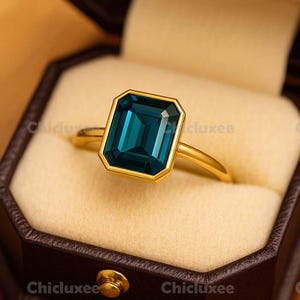 Emerald Cut London Blue Topaz Solitaire Ring in 14K Yellow Gold Bezel Set December Birthstone Minimalist Gemstone Jewelry for Women