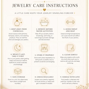 May include: A jewelry care instructions guide with the brand name "CHICLUXEE" at the top. The guide provides tips on how to care for jewelry, including avoiding chemicals, removing jewelry before water activities, and storing it properly.