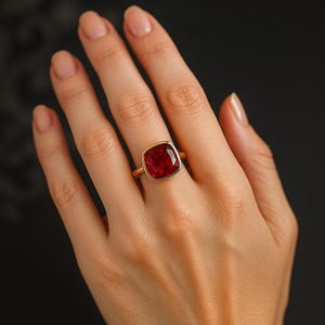 K&ouml;nnte beinhalten: Ein goldener Ring mit einem gro&szlig;en, quadratisch geschliffenen, tiefroten Edelstein. Der Ring hat ein d&uuml;nnes, poliertes Goldband, und der Edelstein ist in eine goldene L&uuml;nette gefasst. Der Ring wird auf einer Hand vor dunklem Hintergrund gezeigt. Der Ring ist ein Schmuckst&uuml;ck.