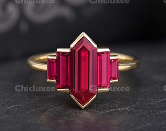 Art Deco Ruby Engagement Ring, Geometric Gold Statement Ring, Vintage Inspired Promise Ring, Unique Jewelry Gift for Her