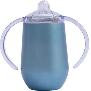 A custom engraved 10oz stainless steel sippy cup featuring double-walled insulation, a spill-proof Triton lid, and a BPA-free design. Available in White, Green, Pink, and Blue, this personalized baby cup is perfect for toddlers.