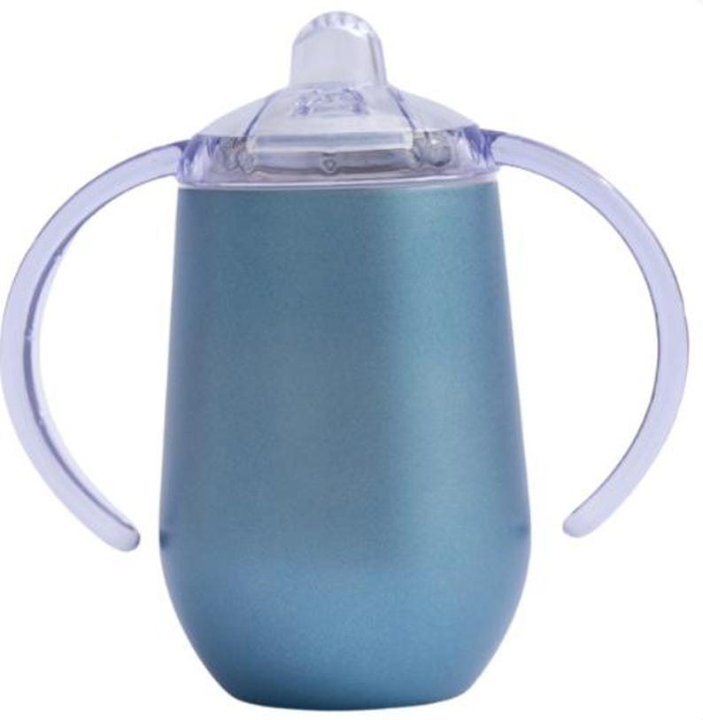 A custom engraved 10oz stainless steel sippy cup featuring double-walled insulation, a spill-proof Triton lid, and a BPA-free design. Available in White, Green, Pink, and Blue, this personalized baby cup is perfect for toddlers.