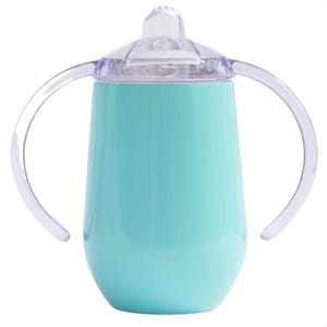 A custom engraved 10oz stainless steel sippy cup featuring double-walled insulation, a spill-proof Triton lid, and a BPA-free design. Available in White, Green, Pink, and Blue, this personalized baby cup is perfect for toddlers.