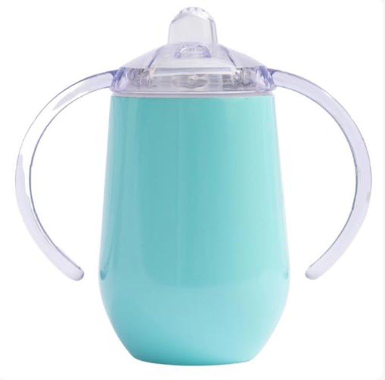 A custom engraved 10oz stainless steel sippy cup featuring double-walled insulation, a spill-proof Triton lid, and a BPA-free design. Available in White, Green, Pink, and Blue, this personalized baby cup is perfect for toddlers.