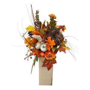 Fall Floral Arrangement – Autumn Leaves, Pumpkins & Berries in Tall Vase – Handmade Thanksgiving Centerpiece Vibrant Autumn Color Beige Vase