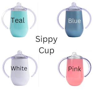 A custom engraved 10oz stainless steel sippy cup featuring double-walled insulation, a spill-proof Triton lid, and a BPA-free design. Available in White, Green, Pink, and Blue, this personalized baby cup is perfect for toddlers.