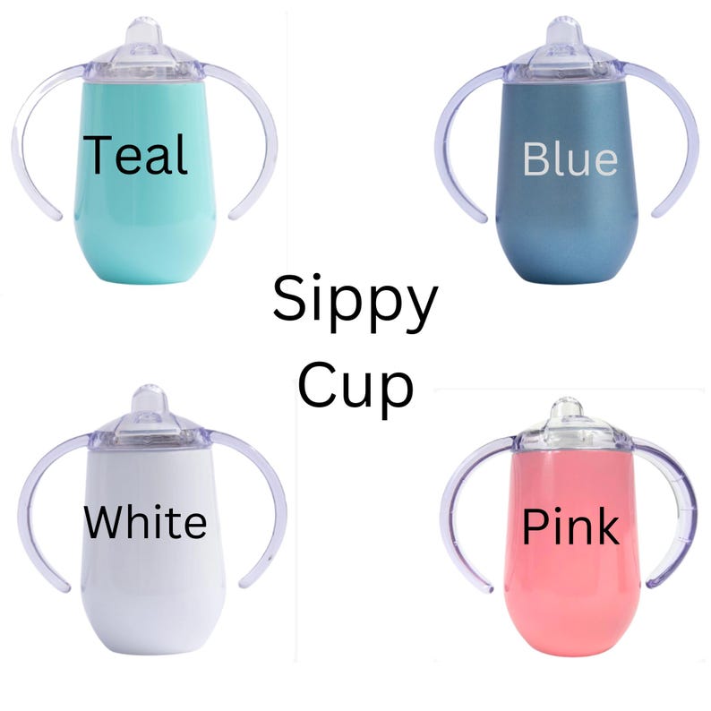 A custom engraved 10oz stainless steel sippy cup featuring double-walled insulation, a spill-proof Triton lid, and a BPA-free design. Available in White, Green, Pink, and Blue, this personalized baby cup is perfect for toddlers.