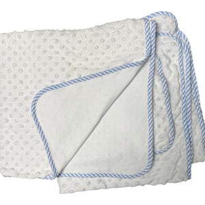 Minky Baby Blanket with Blue Striped Trim – Personalized Baby Boy Blanket, Soft Minky Dot Stroller Blanket, Baby Shower Gift Boy
