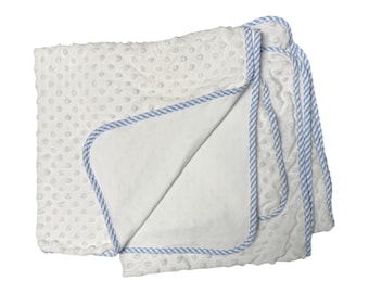 Minky Baby Blanket with Blue Striped Trim – Personalized Baby Boy Blanket, Soft Minky Dot Stroller Blanket, Baby Shower Gift Boy