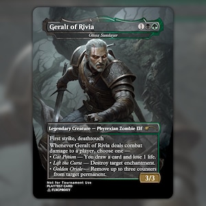Op de afbeelding: Een rechthoekige ruilkaart met een fantasiekrijger met wit haar en gloeiende ogen, gekleed in een donker harnas en een zwaard vasthoudend. De kaarttekst identificeert het personage als Geralt of Rivia, een legendarisch wezen met spelregels.