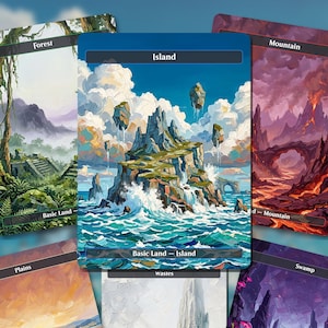 Puede incluir: Una colección de cinco cartas coleccionables rectangulares con paisajes de fantasía. La carta central está etiquetada como Island y representa una isla rocosa con masas de tierra flotantes sobre un océano azul. Otras cartas muestran un bosque, una montaña, llanuras y un pantano.