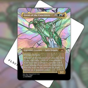 May include: A holographic trading card featuring a green dragon illustration in a stained-glass style. The card is titled Ureni of the Unwritten, labeled as a Legendary Creature - Spirit Dragon, and includes game text, mana symbols, and a 7/7 power/toughness.