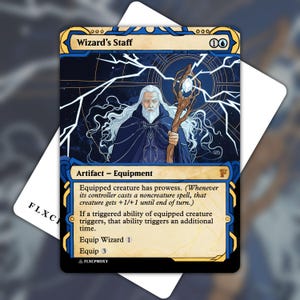 May include: A rectangular trading card titled Wizard's Staff with a blue and gold border. The illustration depicts a white-haired wizard in a dark blue cloak holding a wooden staff with a glowing crystal, surrounded by white lightning bolts.