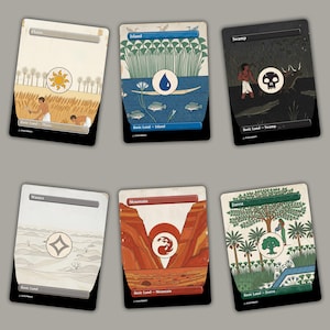 May include: A set of six rectangular game cards featuring artistic illustrations of landscapes. Each card displays a central circular symbol representing Plains, Island, Swamp, Wastes, Mountain, or Forest, with corresponding thematic imagery and text labels.