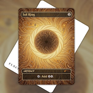 May include: A rectangular trading card titled Sol Ring with a golden, swirling sun-like pattern. The card features intricate line work, small insect illustrations, and the text Artifact and Tap: Add two colorless mana symbols at the bottom.