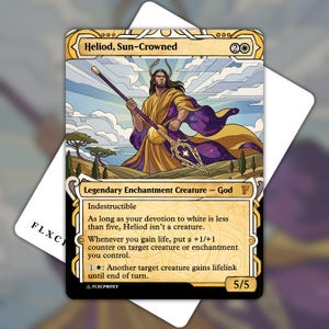 May include: A rectangular trading card titled Heliod, Sun-Crowned, featuring a long-haired figure in gold and purple robes holding a spear. The card text includes Legendary Enchantment Creature - God, Indestructible, and game mechanics.