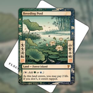 May include: A rectangular trading card titled Breeding Pool featuring a pond illustration with lotus flowers, lily pads, and fish. The border is dark green with blue accents and Japanese text. The card text reads Land - Forest Island and includes game rules.