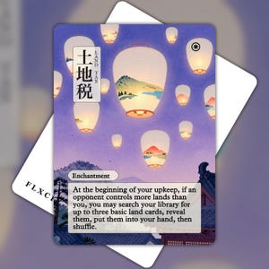 May include: A rectangular trading card titled Land Tax featuring a purple sky filled with glowing paper lanterns. Each lantern displays a landscape illustration. The card includes the text Enchantment and game rules in English, with Japanese characters for Land Tax.