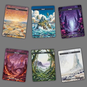 May include: A set of six rectangular trading cards featuring landscape illustrations labeled Plains, Island, Swamp, Mountain, Forest, and Wastes. Each card displays a distinct environment, including fields, floating islands, glowing mushrooms, lava, jungle ruins, and a snowy peak.
