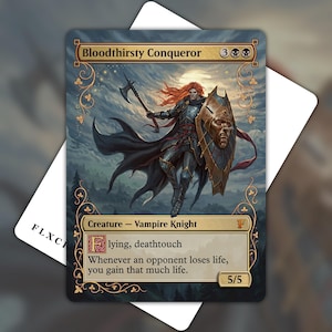 Op de afbeelding: Een verzamelkaart getiteld Bloodthirsty Conqueror met een vampierridder met rood haar, donker harnas, een bijl en een schild met een gezichtsmotief. De kaarttekst bevat Flying, deathtouch en een vaardigheid voor het verkrijgen van levenspunten.