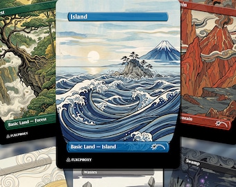 May include: A collection of five rectangular game cards featuring illustrated landscapes. The central card depicts a blue ocean with stylized waves, a rocky island with trees, a distant mountain, and a sun, labeled Island and Basic Land - Island.