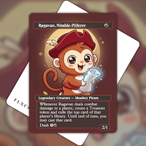 May include: A trading card titled Ragavan, Nimble Pilferer featuring a cartoon brown monkey wearing a red pirate hat and holding a glowing scroll. The card text identifies it as a Legendary Creature Monkey Pirate with red mana symbol.