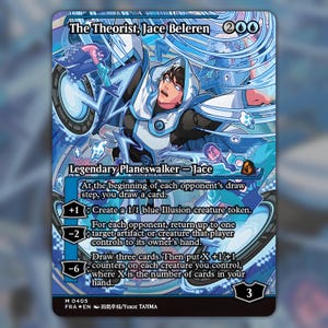 May include: A Magic: The Gathering trading card titled The Theorist, Jace Beleren, featuring a blue-toned illustration of a hooded figure surrounded by swirling energy, game text, mana symbols, and ability icons on a rectangular card.