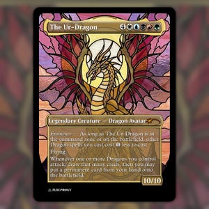 May include: A rectangular trading card featuring a stained glass style illustration of a golden dragon with spread wings. The card displays the text The Ur-Dragon, Legendary Creature - Dragon Avatar, and game rules text. It has a 10/10 power and toughness.