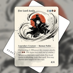 May include: A collectible trading card titled Fire Lord Azula featuring an ink-style illustration of a character in black clothing surrounded by swirling dark smoke and a red sun. The card text includes Firebending 2 and ability details.