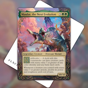May include: A rectangular trading card titled Maular, the Next Evolution featuring a two-headed dinosaur creature in a prehistoric landscape. The card text includes the ability Rulebreaker and stats of 10/10, framed by ornate green and gold borders.
