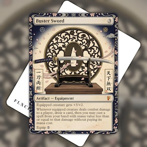 Puede incluir: Una carta coleccionable rectangular titulada Buster Sword que muestra una katana sobre un soporte. El borde tiene un patrón floral azul oscuro con flores de cerezo rosas. El texto incluye Artifact - Equipment y caracteres japoneses.