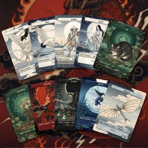 May include: A collection of nine rectangular game cards featuring diverse illustrations including an angel, a bird, a soldier, a spirit, a cat, a saproling, a dragon, a zombie, a faerie, and a thopter, each labelled with its respective creature type.