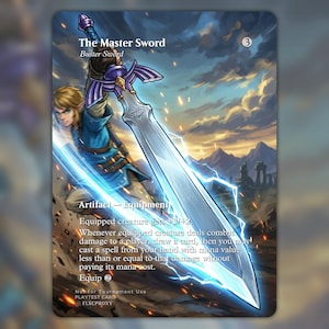 May include: A rectangular trading card titled The Master Sword, featuring an illustration of a character wielding a large silver sword with a purple hilt and blue lightning effects. The card includes game text, a mana cost of 3, and the label FLXCPROXY.