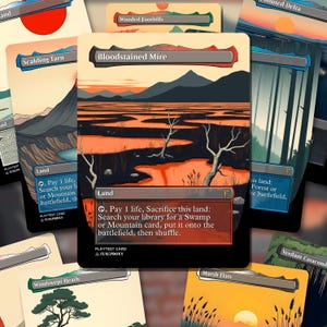May include: A rectangular trading card titled Bloodstained Mire featuring a stylized landscape illustration with orange marshy waters, dark silhouettes of bare trees, and distant mountains under a sunset sky, with game text at the bottom.