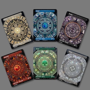 May include: A set of six rectangular trading cards featuring circular, stained-glass style designs. Each card displays a central icon representing Plains, Island, Swamp, Mountain, Forest, or Wastes, with text labels identifying each land type clearly.