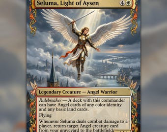 May include: A collectible trading card titled Seluma, Light of Aysen, featuring an illustration of a winged angel warrior in armor holding a sword, flying above a town. The card text includes Legendary Creature, Angel Warrior, and game rules.