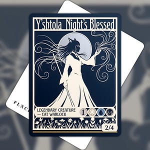 May include: A rectangular trading card featuring a dark blue and cream illustration of a cat-eared figure holding a staff. The text reads Y'shtola Night's Blessed, Legendary Creature - Cat Warlock, and 2/4. The design includes a moon and floral border.