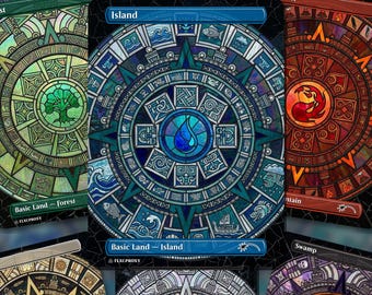 May include: A collection of five rectangular trading cards featuring circular stained-glass style designs. Each card displays a central icon representing a land type, including a blue water drop for Island, a green tree for Forest, and a red flame for Mountain.