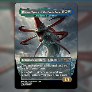 May include: A rectangular trading card featuring a multi-eyed, red and white sea serpent creature emerging from turbulent ocean waves. The card text reads Reaper, Tyrant of the Crash Zone, Aesi, Tyrant of Gyre Strait, Legendary Creature, and 5/5.