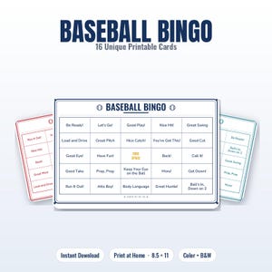 May include: A set of printable Baseball Bingo cards featuring 16 unique designs. The central card displays a 5x5 grid with baseball-themed phrases like Be Ready, Great Pitch, and Free Space. The cards are presented in red, blue, and black ink.