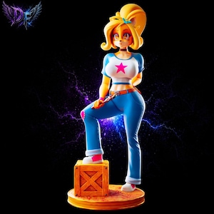 May include: A figurine of a cartoon character with blonde hair, wearing a white and blue crop top with a pink star, blue jeans, and white sneakers. The character is standing on a wooden crate. The background is black with purple lightning.