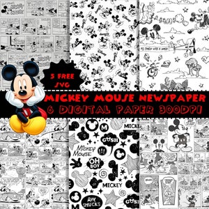 mickey newspaper, digital papers, bundle, texture, background, free svg, scrapbooking