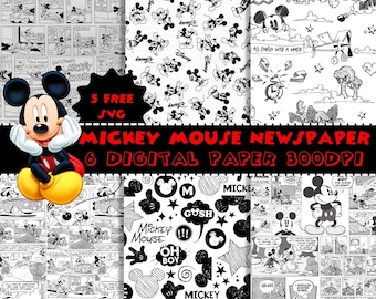 mickey newspaper, digital papers, bundle, texture, background, free svg, scrapbooking