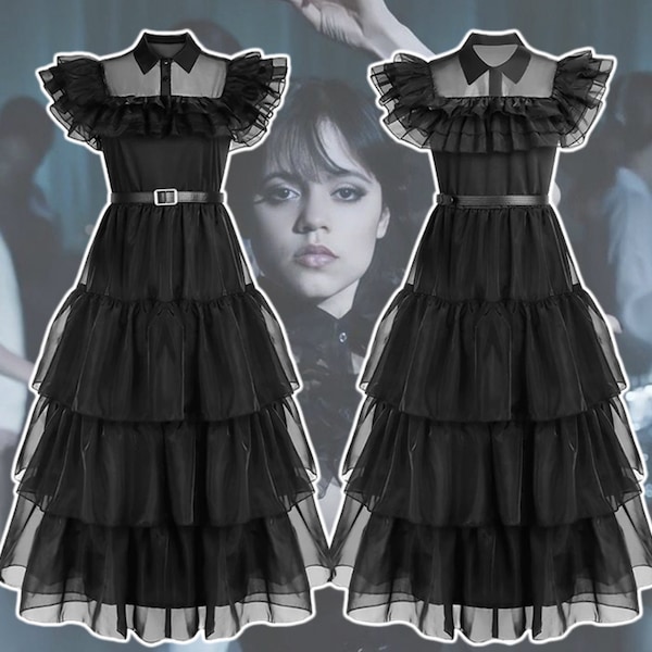 Película miércoles Cosplay vestidos miércoles Addams Cosplay viento gótico adultos niños vestido disfraces de fiesta de Halloween