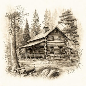 May include: A black and white pencil drawing of a log cabin in the woods. The cabin has a porch and a chimney. There are trees surrounding the cabin.